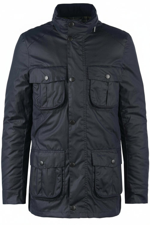 Men's navy wax jacket front view with stand collar and four flap utility pockets