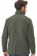 Men's olive waterproof jacket back view with stand collar and seam details