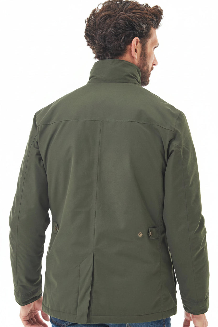 Men's olive waterproof jacket back view with stand collar and seam details
