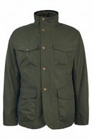 Men's olive waterproof jacket with stand collar, four flap pockets, metal snaps