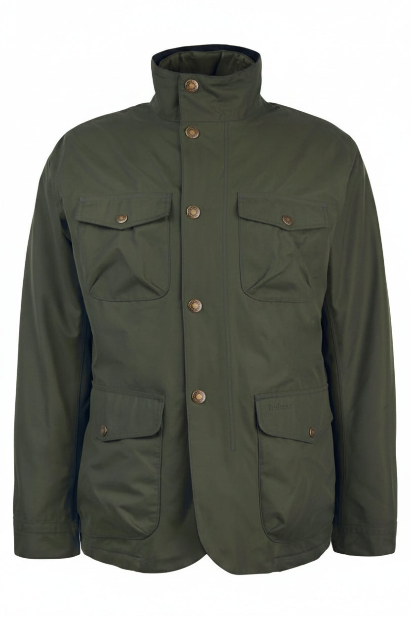 Men's olive waterproof jacket with stand collar, four flap pockets, metal snaps