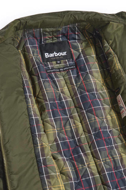 Men's olive waterproof jacket, plaid inner lining visible at open front