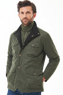 Men's olive waterproof jacket with plaid inner lining and flap pockets at chest