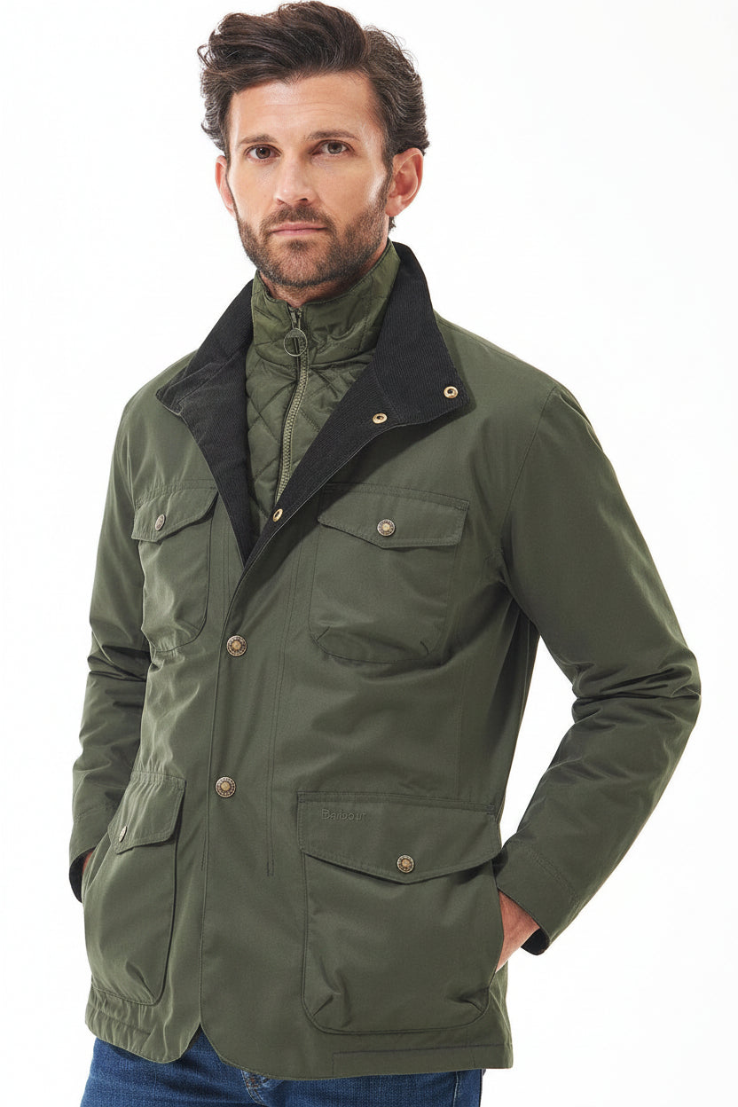 Men's olive waterproof jacket with plaid inner lining and flap pockets at chest