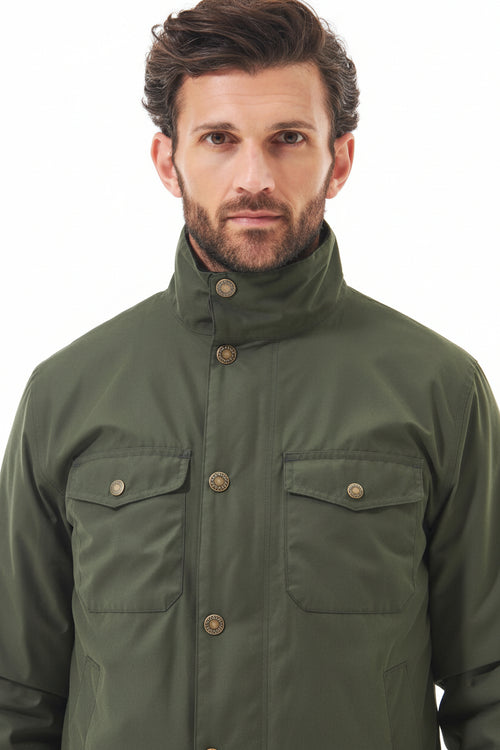 Men's olive waterproof jacket with stand collar and four button-front pockets
