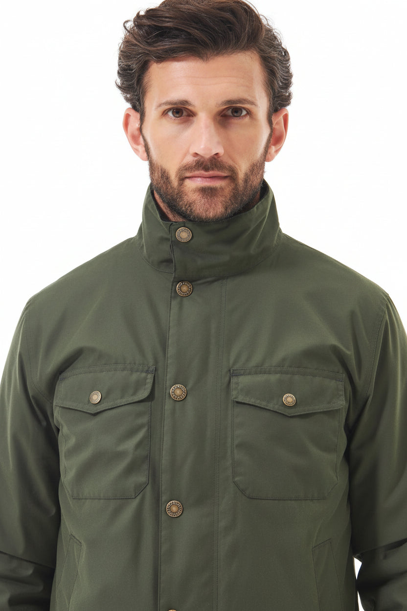 Men's olive waterproof jacket with stand collar and four button-front pockets