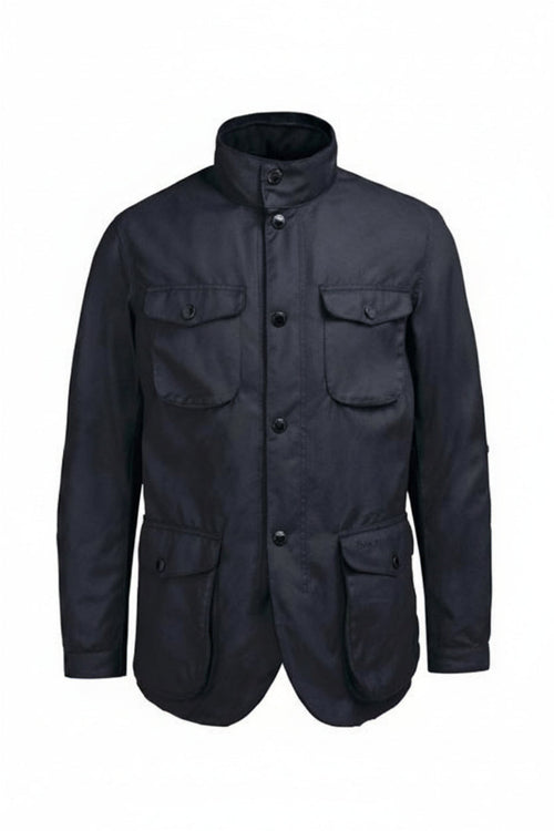 Men's black wax jacket in studio view with four flap pockets and button front