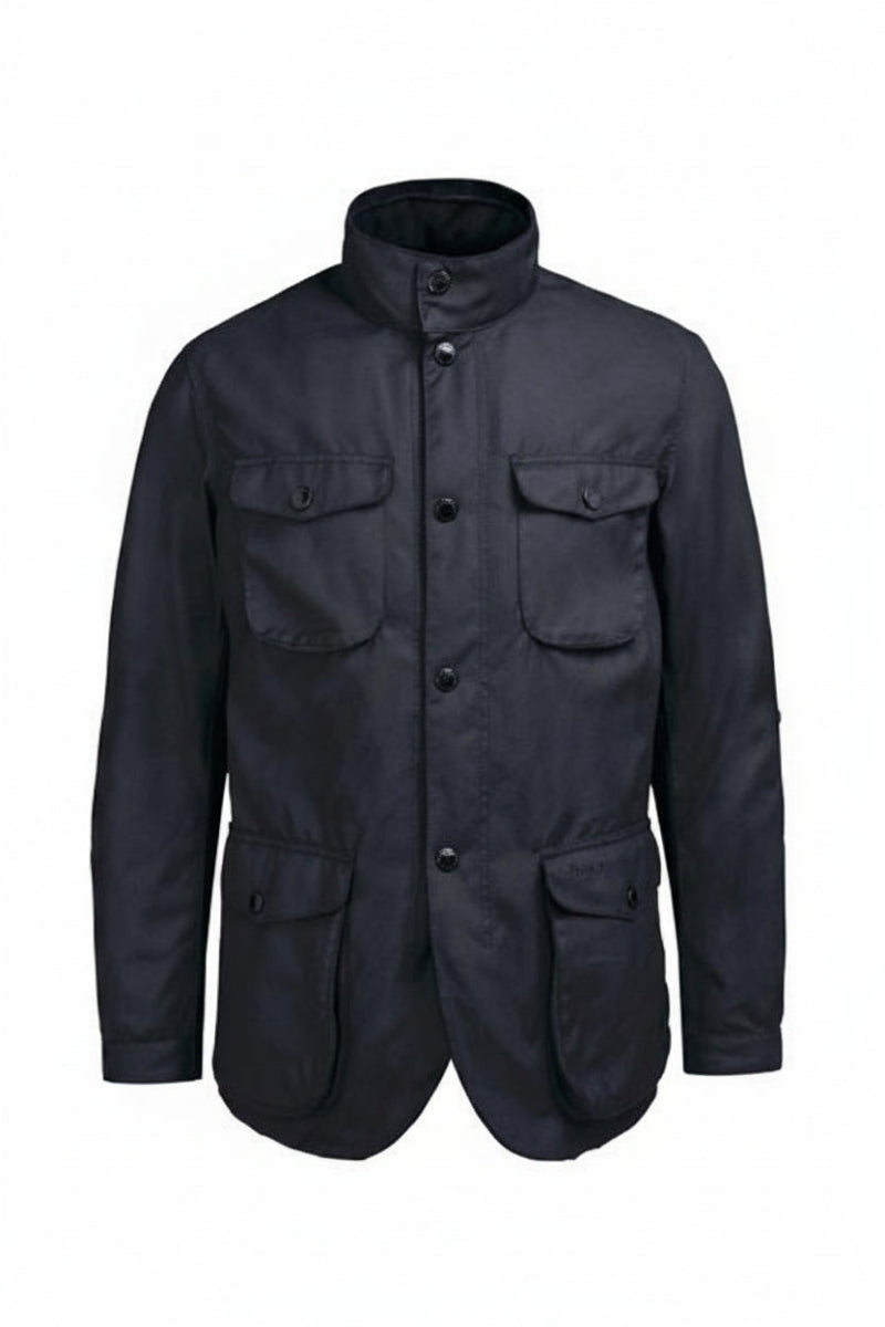 Men's black wax jacket in studio view with four flap pockets and button front