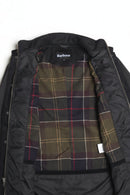 Men's black wax jacket open front, plaid lining, snap collar, Barbour label