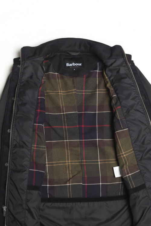 Men's black wax jacket open front, plaid lining, snap collar, Barbour label