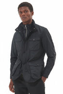 Men's black wax jacket with waist drawstring and button front pockets