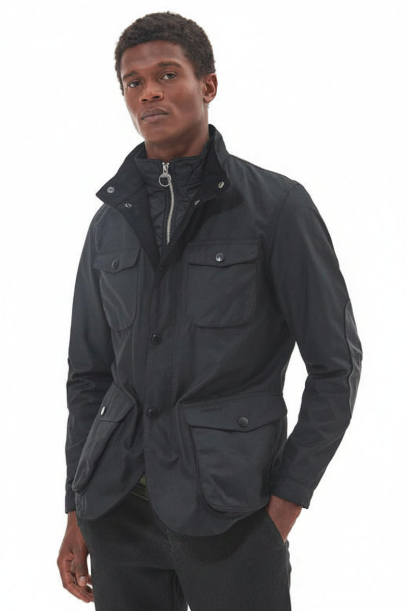 Men's black wax jacket with waist drawstring and button front pockets