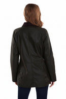 Women’s dark olive Beadnell-style jacket, rear view with buttoned back and pockets.