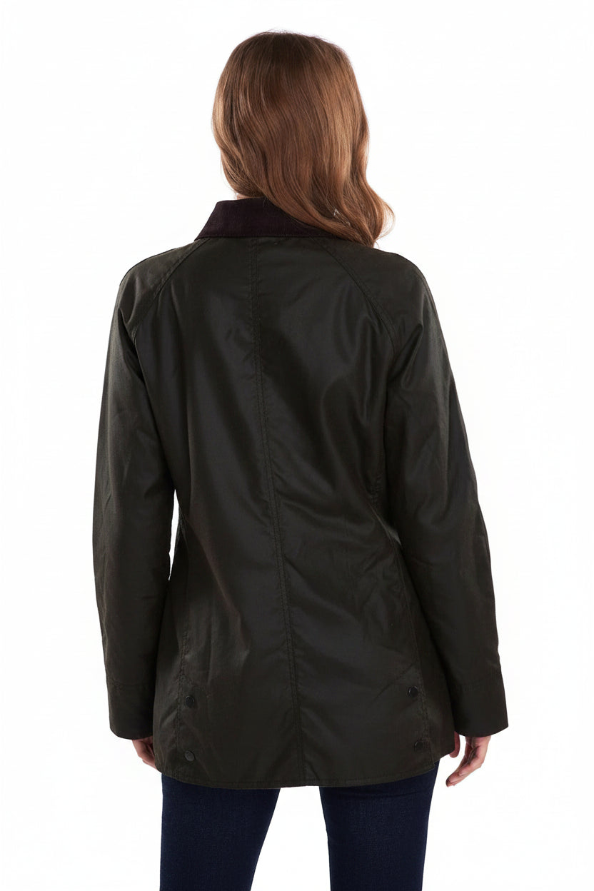 Women’s dark olive Beadnell-style jacket, rear view with buttoned back and pockets.