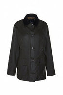 Dark olive jacket with button front, stand collar, and flap pockets.