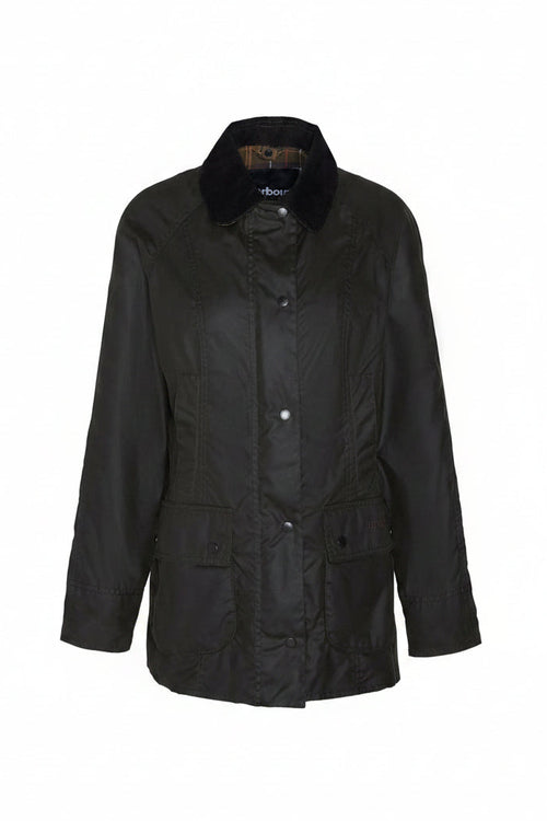 Dark olive jacket with button front, stand collar, and flap pockets.