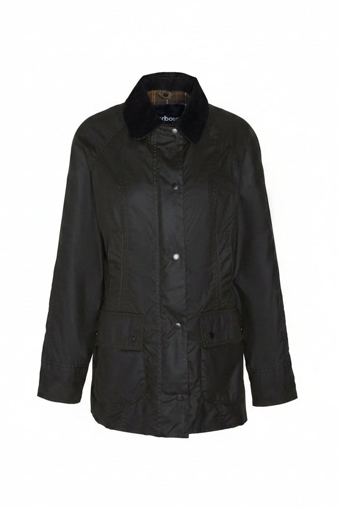 Dark olive jacket with button front, stand collar, and flap pockets.