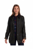 Women’s dark olive jacket with stand collar, button front, and flap chest pockets.