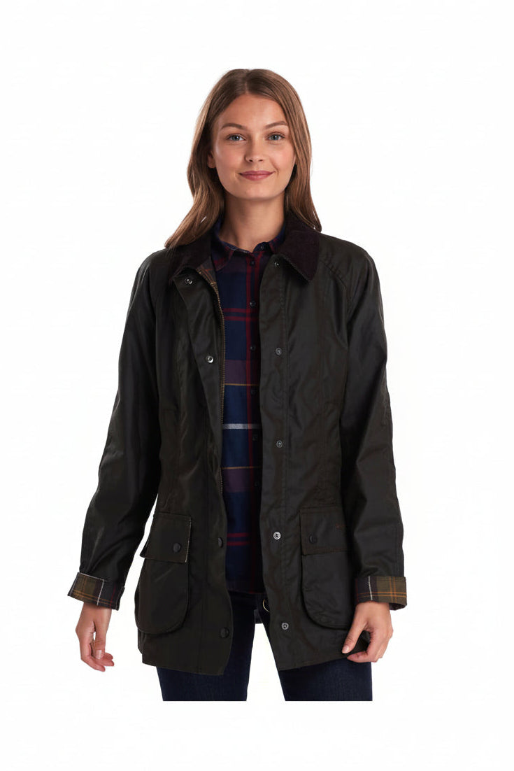 Women’s dark olive jacket with stand collar, button front, and flap chest pockets.