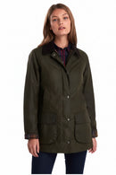 Women’s olive jacket with stand collar, button front, and side flap pockets.