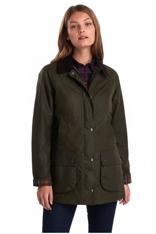 Women’s olive jacket with stand collar, button front, and side flap pockets.