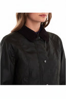 Dark olive jacket with stand collar and front chest button.