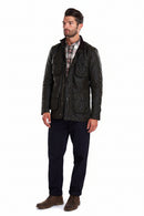 Dark wax jacket with button-front, stand collar, and multiple flap pockets