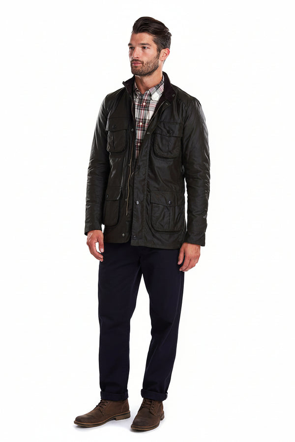 Dark wax jacket with button-front, stand collar, and multiple flap pockets