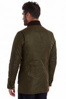 Olive wax jacket back view with stand collar and two flap pockets
