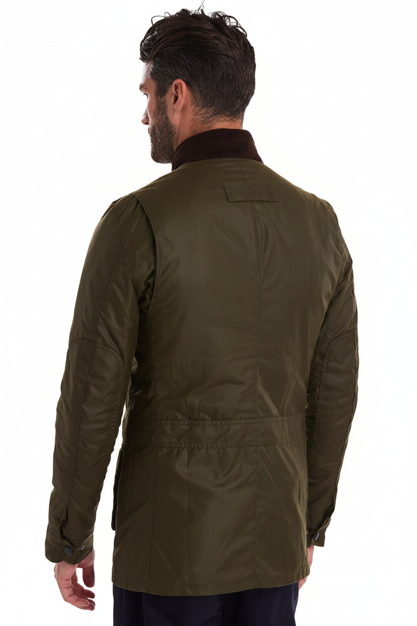 Olive wax jacket back view with stand collar and two flap pockets
