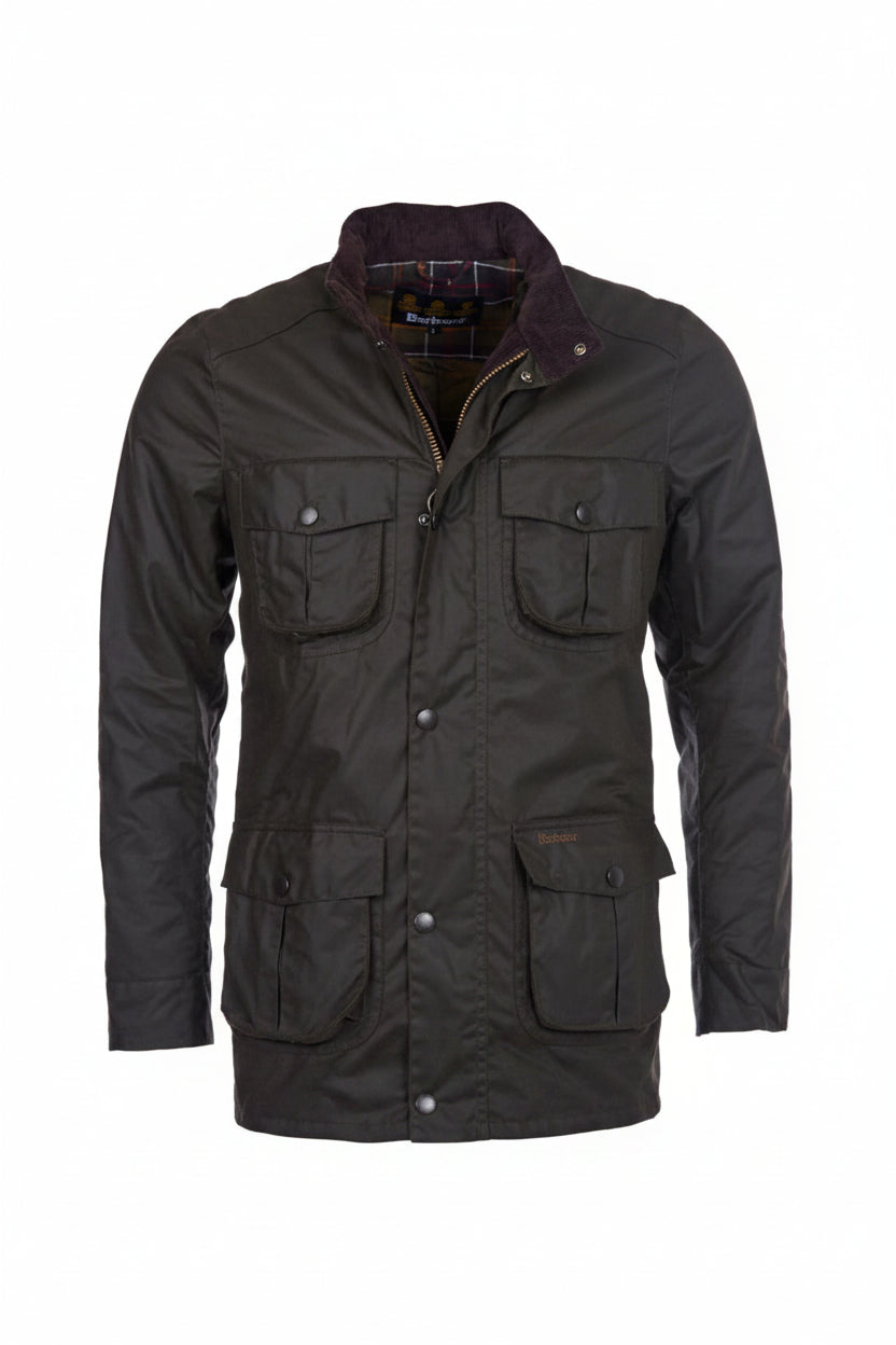 Dark olive wax jacket with button-front and four flap pockets