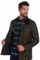 Olive wax jacket with button-front and two chest pockets, plaid lining visible