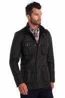 Black wax jacket with button-front, stand collar, and two chest flap pockets