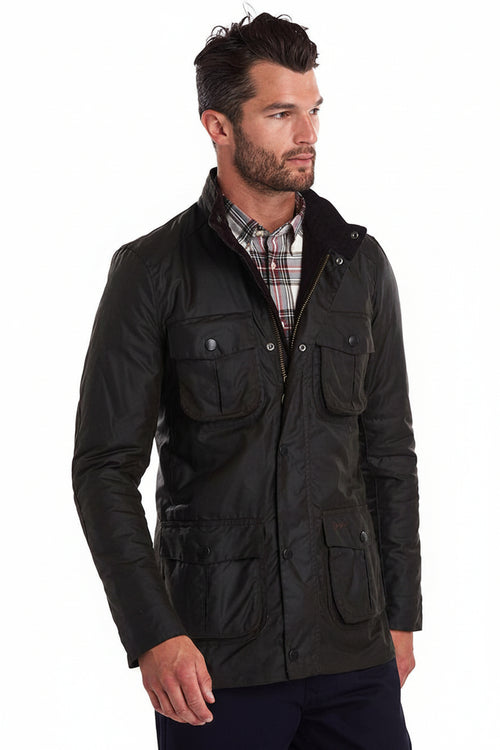 Black wax jacket with button-front, stand collar, and two chest flap pockets