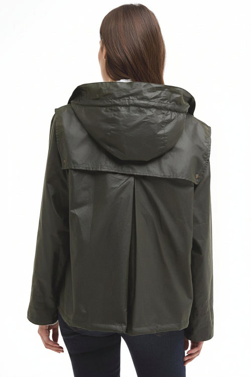 Barbour waxed jacket back view with attached hood and vented hem seams.