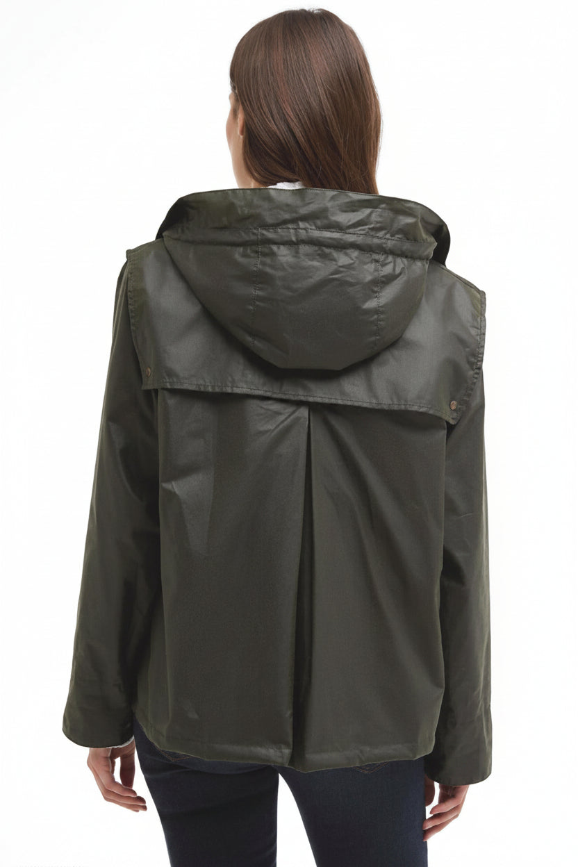 Barbour waxed jacket back view with attached hood and vented hem seams.