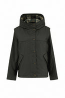 Barbour waxed jacket in dark olive with hood, center button placket, and patch pockets.