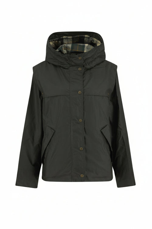 Barbour waxed jacket in dark olive with hood, center button placket, and patch pockets.