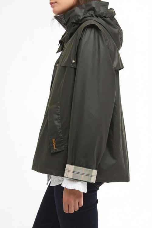 Barbour waxed jacket side view with hood and plaid lining at cuffs and inner hem.