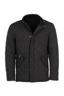 Black quilted jacket with stand collar, zip pocket, and front snap buttons