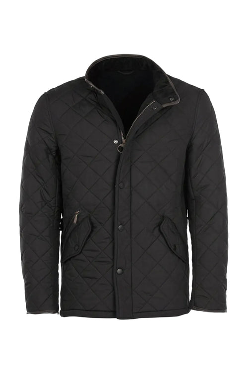 Black quilted jacket with stand collar, zip pocket, and front snap buttons