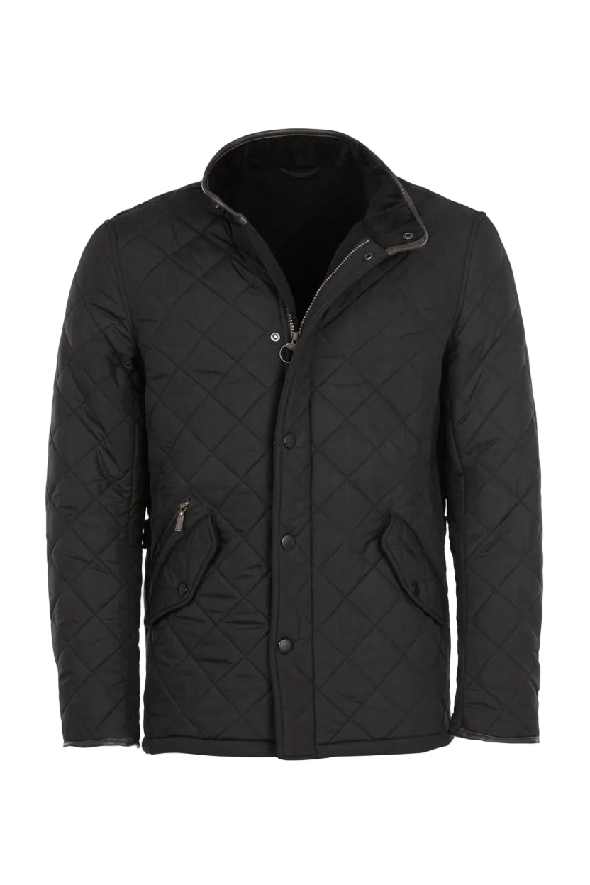Black quilted jacket with stand collar, zip pocket, and front snap buttons