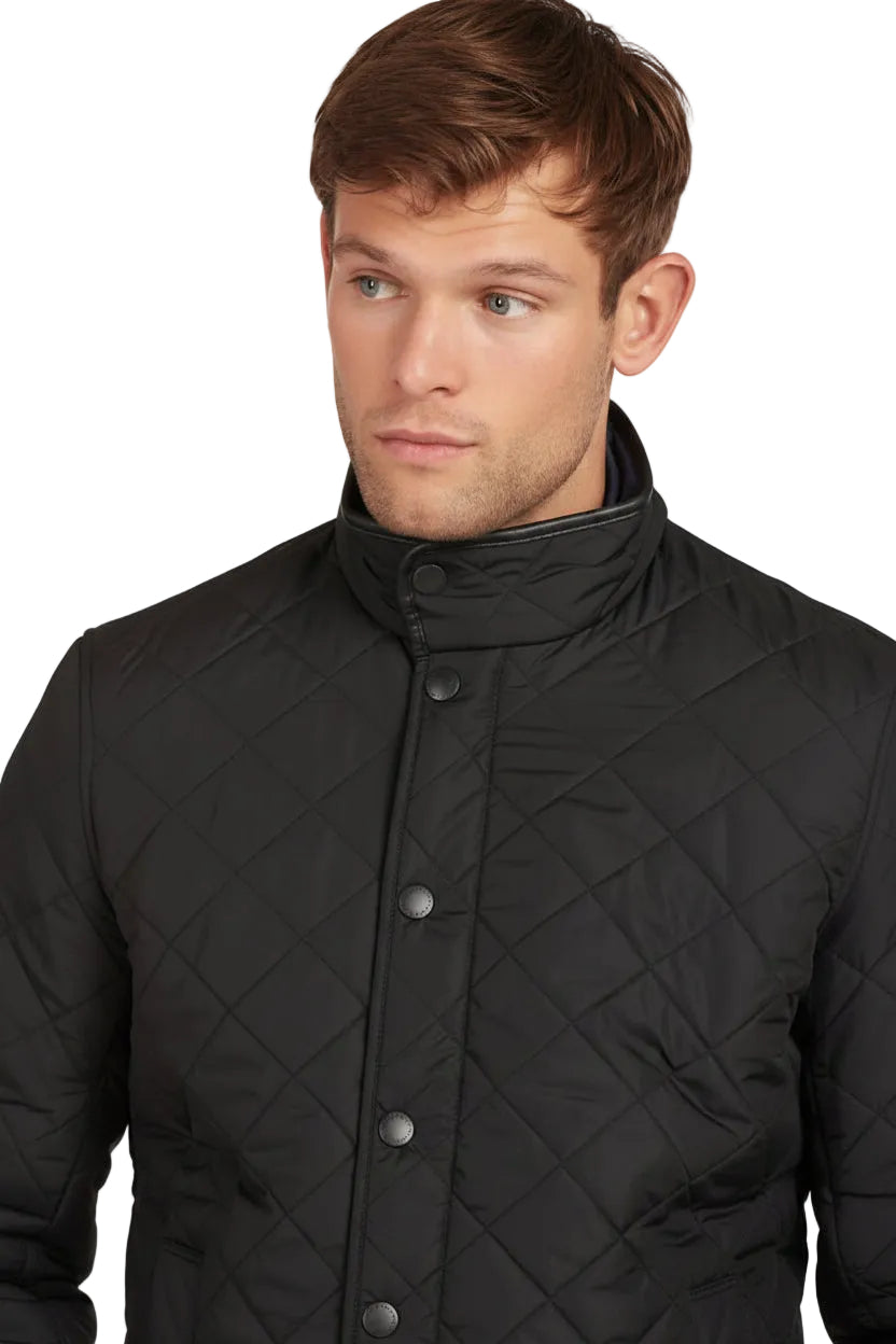 Black quilted jacket with stand collar and front snap buttons