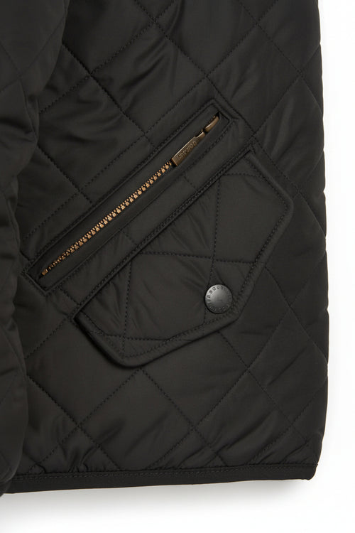 Black quilted jacket with diamond stitching, zip fly, and front snap button placket