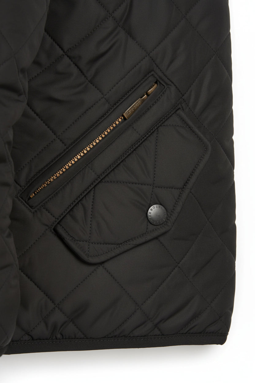 Black quilted jacket with diamond stitching, zip fly, and front snap button placket