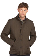 Men's quilted olive jacket with stand collar and button front, Barbour logo on chest