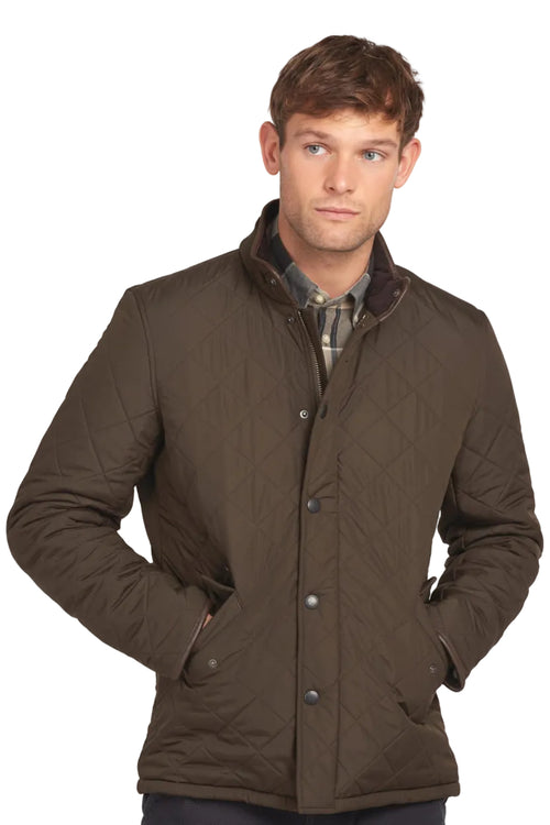 Men's quilted olive jacket with stand collar and button front, Barbour logo on chest