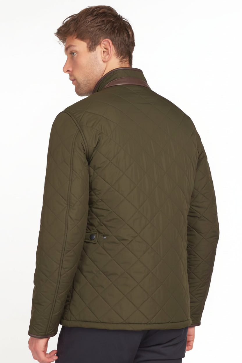 Men's quilted olive jacket with stand collar and diamond stitch pattern