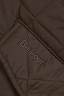 Quilted olive jacket inner patch with Barbour logo stitch details