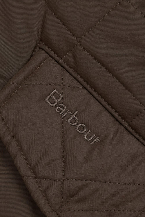 Quilted olive jacket inner patch with Barbour logo stitch details